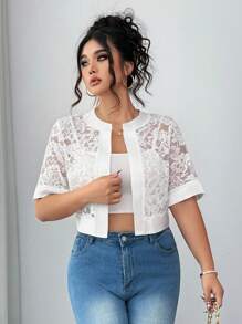 Elenzga Plus Size Crop Lace Patchwork Jacket - White - View 3