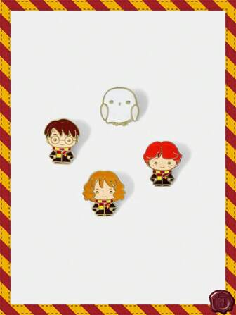 HARRY POTTER X SHEIN Set de 4 broches esmaltados de la serie de dibujos animados, joyas finas de aleación con accesorios en forma de insignia de anime de dibujos animados