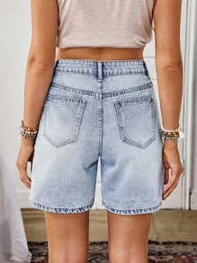 EMERY ROSE Women's Floral Embroidery Pocket Loose Casual Denim Shorts - Blue - View 2