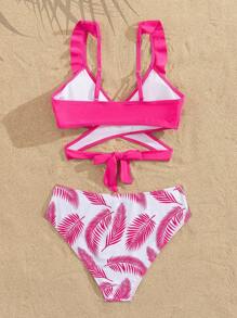 SHEIN Swim Women's Solid Fuchsia Minimalist Camisole Top And Leaf Print Swimwear Bottom Set For Summer Beach Vacation