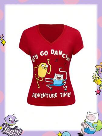 Adventure Time X ROMWE Camiseta casual de mujer con cuello en V, estampado gráfico de dibujos animados, ajuste ceñido, estilo streetwear Y2K, otoño