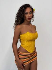 Amplova Áo Bandeau họa tiết hoa Jacquard viền bất đối xứng dành cho nữ, thời trang - Màu vàng - Xem 4