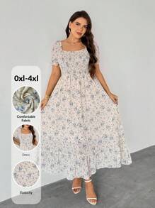 Firerie Plus Size Elegant Square Neck Puff Sleeve Mini Wrap Dress, Waist Cinched Flounced Hem Loose Ditsy Floral Maxi Dress, Suitable For Valentine's Day, Music Concert, Performance, Date, Formal Party, Wedding, Sexy, Elegant, Commute, Back To School, Vacation, Beach, Office Lady, Mermaid Style, Birthday Party/Teacher Outfits For Women/Back To School /School Clothes - Blue and White - View 1