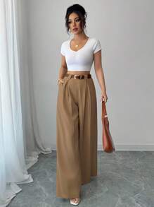Elenzga New Spring/Summer High-Waist Solid Apricot Color Culottes, Elegant Style Suitable For Daily And Work Wear, Graduation, Vintage Music Festivals, Derby Races, Independence Day Fall Cloth For Women - Brown - View 6