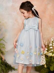 Dazy Kids Young Young Girls Round Neck Bow Flower Decor Party Birthday Dress - Baby Blue - View 7