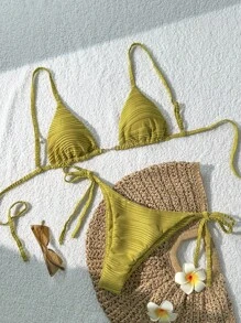 SHEIN Swim 1件女款度假海灘純色泳衣套裝，適合夏季海灘度假 - 綠色 - 查看 1