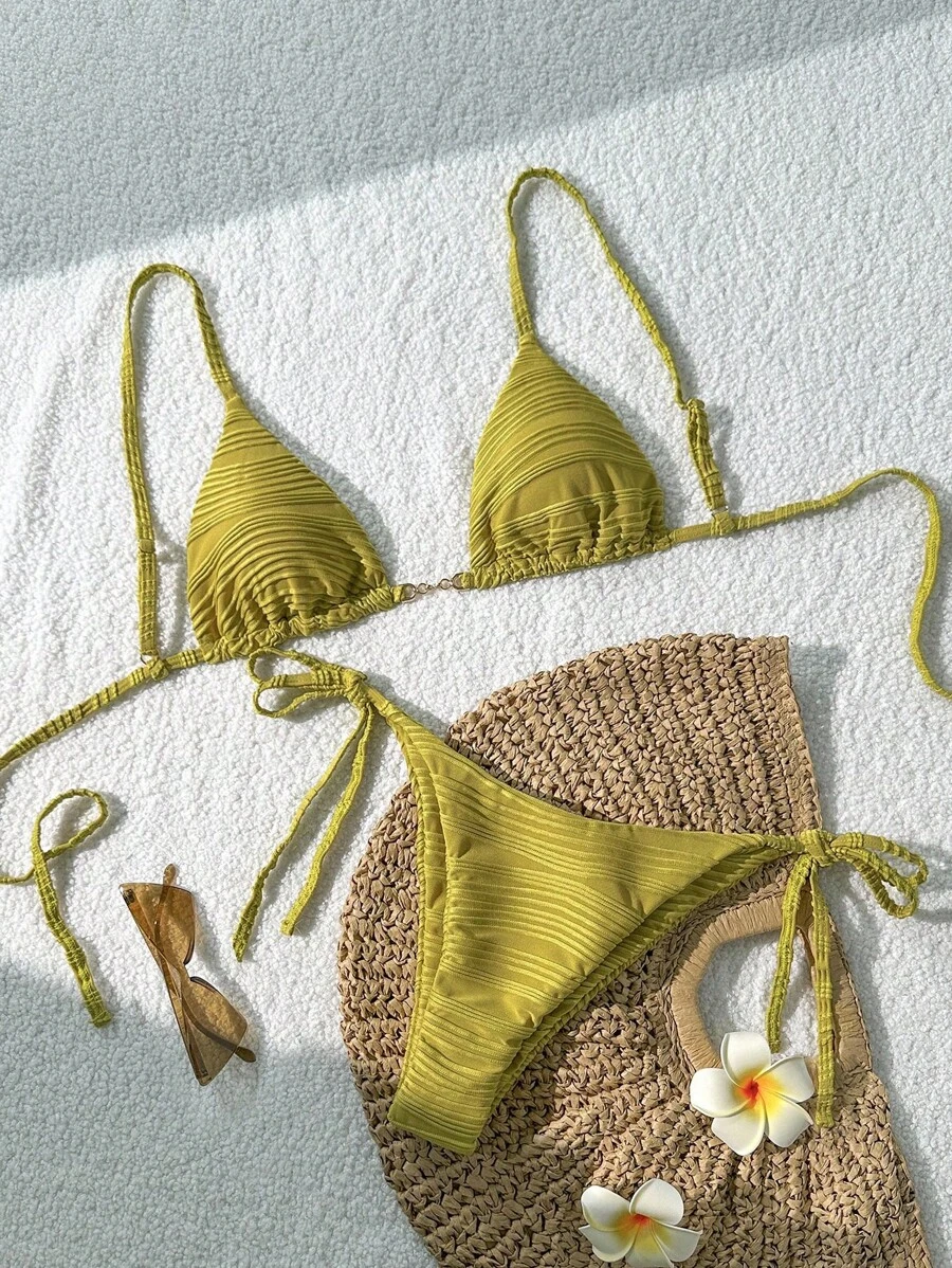 SHEIN Swim 1件女款度假海灘純色泳衣套裝,適合夏季海灘度假 - 綠色 - 查看 1