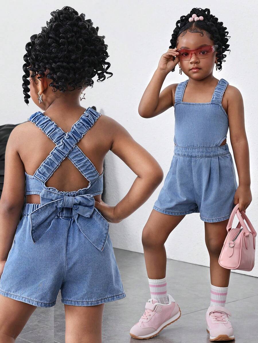 年轻女孩可爱蓝色宽松牛仔背带裤，背面有大蝴蝶结，春夏休闲度假乡村波西米亚风装 - 淺色水洗藍 - 查看 1