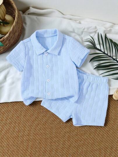 SHEIN Vintaside Kids 2pcs Textured Shirt And Shorts Street Fashion Outfit For Baby Boys