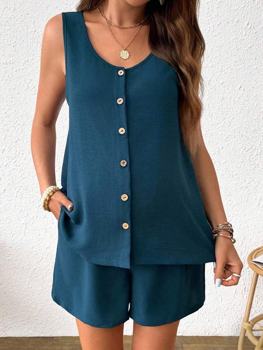SHEIN Bộ đồ bầu 2 món áo hai dây và quần short đơn giản, thoải mái, màu trơn - Màu xanh lam - Xem 1