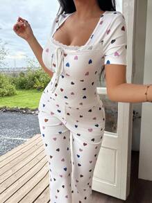 SHEIN Women Heart Print Square Neck Tight Fitted Top And Bell-Bottom Pajamas Set, Casual Sleepwear Heart Pajama Set Cute Lounge Set Womens Lounge Sets 2 Piece Pajama Set Women Womens Heart Pajamas Print