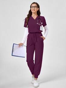 TaskEZ Solid Color V-Neck Short Sleeve Top And Pants, Scrub Uniform Set - Burgundy - View 4