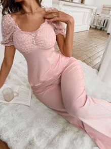 SHEIN Conjunto de pijama con mangas abultadas, cuello cuadrado, decoración con botones y fruncido delantero en tejido de malla jacquard para mujer