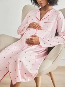 Moonlight&Mama 孕妇撞色滚边翻领宽松贴袋心形印花长袖睡裙，舒适优雅细节，秋冬款 - 淺粉色 - 查看 4