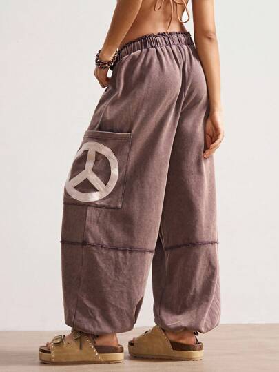 Bohemela Boho Casual Vacation Style Peace Sign Embroidered Solid Color Knit Loose Drawstring Pants For Women Baggy Pants Hippie Pants Y2k Pants
