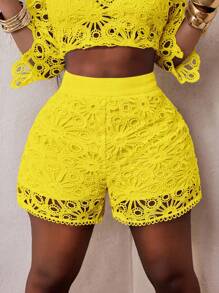 BamGleam Spring/Summer New Elegant Casual Solid Color Floral Hollow Loose Shorts For Women