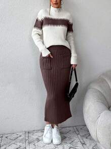 EURMUSE Women Casual Loose Long Sleeve Top And A-Line Skirt 2pcs Sweater Set,Petite Co Ord,Co Ord,Petite,Winter Clothes - Chocolate Brown - View 6