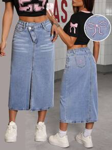 少女时尚舒适松紧腰不对称斜拉链口袋前开叉后背粉色蝴蝶结刺绣水洗浅蓝色牛仔裙 - 淺色水洗藍 - 查看 8