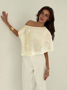 Aloruh 不对称肩部上衣，适合婚礼宾客、新娘、新娘母亲、婚礼派对、正式场合、特殊场合、海滩度假、街头风等场合。亮片不对称肩部上衣，优雅、时尚、端庄，及地长款。 - 杏色 - 查看 5