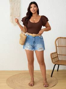 SHEIN Frenchy 大码休闲纯色性感荷叶边袖修身连体衣 - 棕色 - 查看 5