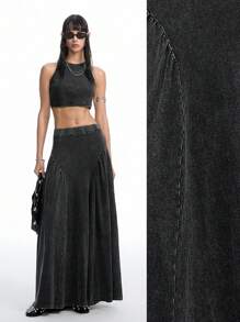 LYSMO 2件套女士水洗黑色纯色圆领露脐吊带背心上衣和半裙套装，简约前卫街头风和Y2K时尚，2025新款上市 - 黑色 - 查看 3