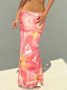 Aloruh Romantic Low Waist Floral Print Mesh Long Skirt For Summer Vacation/Date Night - Multicolor - View 2
