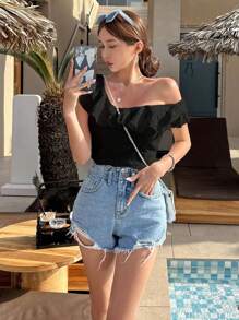 DAZY 純色荷葉邊不對稱領口t恤 - 黑色 - 查看 5