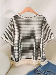 CosyJoli Plus Size Women's Casual Striped Loose Fit Round Neck T-Shirt, Versatile For Summer