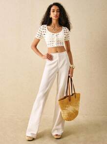 Poéselle 假日休闲简约纯色直筒裤，适合日常穿着、低腰裤、春假、女士度假装、海滩度假装 - 白色 - 查看 3