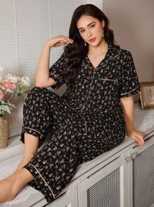 CottageSlumber 浪漫花卉加大码睡衣套装，带花卉印花和翻领，女士睡衣套装，花卉睡衣套装，女士睡衣，睡衣裙，女士睡衣 - 彩色 - 查看 3