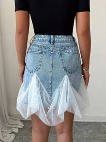 Selianne Women's Elegant Elegant Faux Pearl And Crystal Decorated Sheer Mesh Panel Godet Hem Denim Mini Skirt, Summer - Blue - View 2