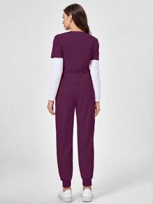 TaskEZ Solid Color V-Neck Short Sleeve Top And Pants, Scrub Uniform Set - Burgundy - View 2