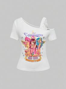 ROMWE Kawaii Casual Summer Stylish Print Asymmetrical Neck Women T-Shirt - White - View 1