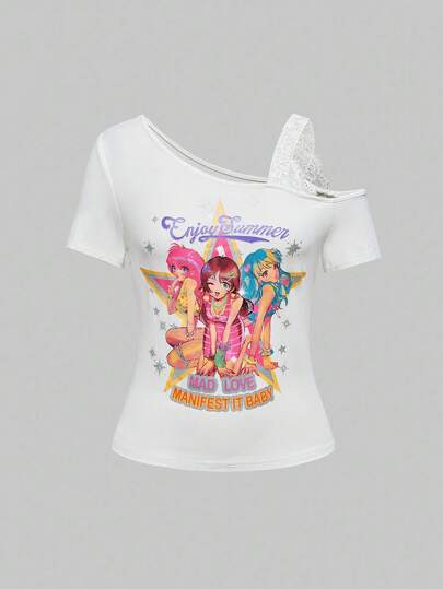Kawaii Casual Summer Stylish Print Asymmetrical Neck Women T-Shirt