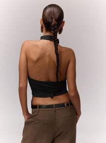 MUSERA Draped Asymmetric Halterneck Top Romantic Vacation Holiday Ibiza Festival Holiday Night Out Going Out Tops Club Winter  Fall Elegant Spring Summer - Black - View 2