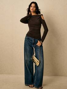 Poéselle 女士纯色荷叶边肩部镂空长袖时尚T恤 - 棕色 - 查看 1