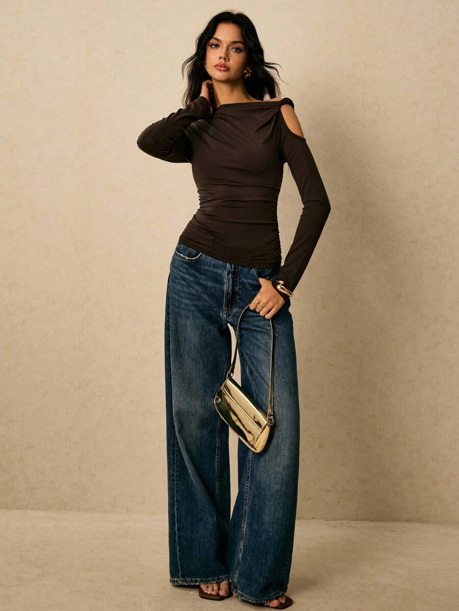 Poéselle 女士纯色荷叶边肩部镂空长袖时尚T恤 - 棕色 - 查看 1