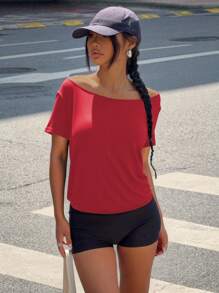 INAWLY 女式夏季纯色圆领宽松休闲T恤图案T恤女式上衣 - 紅色 - 查看 3