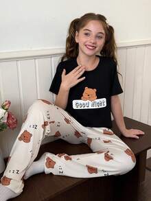 SHEIN 大女孩可爱熊印花休闲睡衣套装 - 黑色 - 查看 1