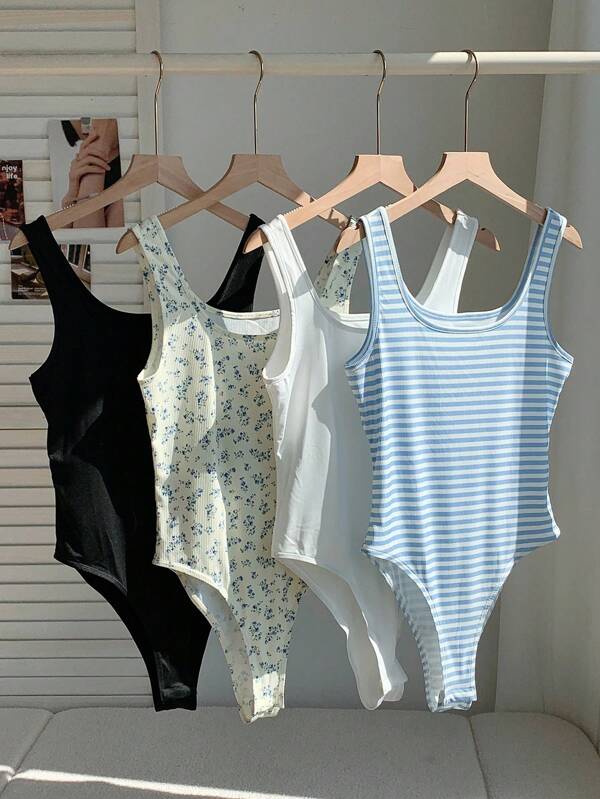 Comfortcana Multicolor Knitted Scoop Neck Sleeveless Bodysuits With Floral And Striped Patterns