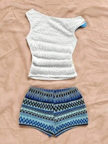 Soleia 春夏休闲海滩婚礼宾客服装毕业早午餐、圣帕特里克节春假复活节音乐节服装 - 优雅波西米亚热带花卉印花细肩带背心和彩色条纹短裤 2 件套 - 彩色 - 查看 2