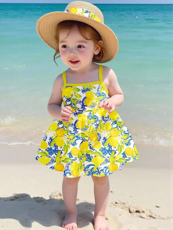 Babymeisjes gebreide cami-jurk met citroenbladprint, strandjurk voor babymeisjes in de zomer