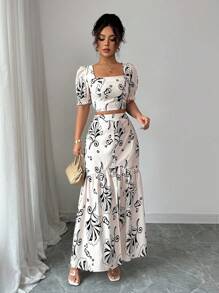 Elenzga 两件套女士印花修身衬衫搭配高开衩半裙，优雅度假及日常通勤装扮 - 黑色 - 查看 7