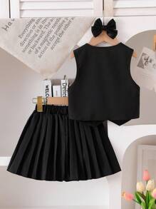 2pcs Young Girl Casual Black 3D Flower Decor Vest + Pleated Skirt Set, Summer - Black - View 2