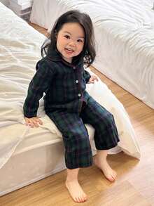 DAZY Baby Girl Plaid Print Lapel Collar Contrast Binding Long Sleeve Shirt And Pants Pajama Set, Spring/Autumn Toddler Girls Clothes - Green - View 3