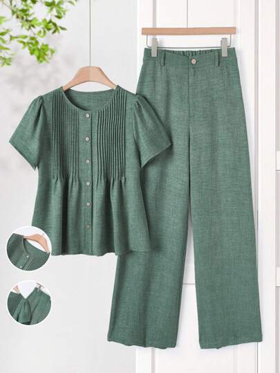 Rusticease 女士纯色圆领条纹短袖上衣和裤子，休闲装