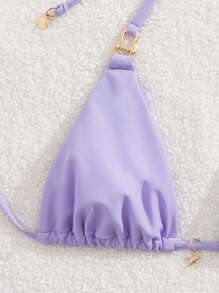 Sunnyshic 2 件套性感纯色吊带海星装饰和侧系带泳裤，夏季度假时尚 - 紫色 - 查看 4