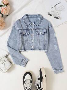 Sparklyn 超大号水洗牛仔夹克，适合青春期女孩穿着，舒适休闲宽松，破洞街头风，适合度假和日常穿着，轻薄外套，适合春秋季节穿着