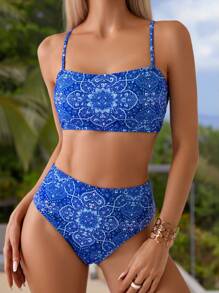 Swim Vcay Của phụ nữ In Hoa Bikini Áo bơi Hai Bộ Lễ hội hóa trang - Màu xanh lam - Xem 6