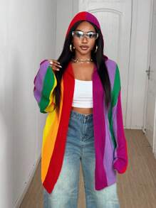 Maweii Plus Size Women Rainbow Striped Cardigan Sweater